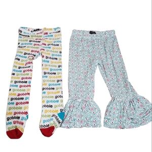 Mud Pie Gobble Tight Leggings and Printed Ruffle Pants Bundle Little Girls Baby